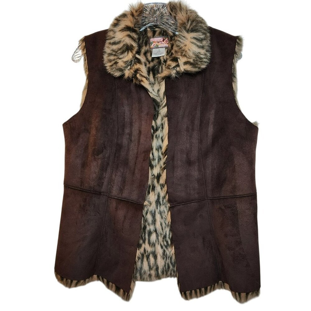 April Cornell Leopard Faux Fur Lined Suede Vest Women's Small Boho Western